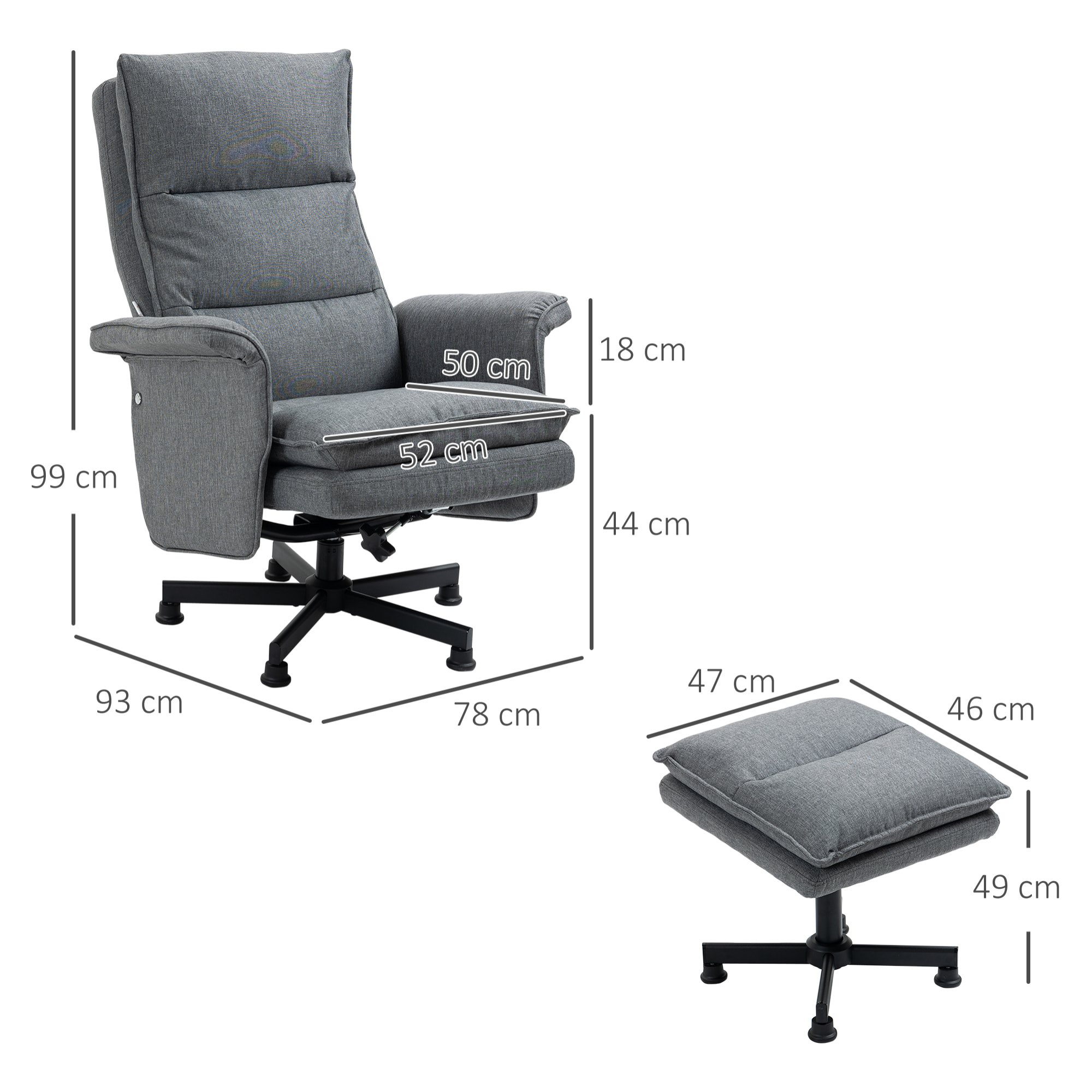 Fauteuil de massage avec repose-pied - style néo-rétro - châssis acier noir aspect lin gris