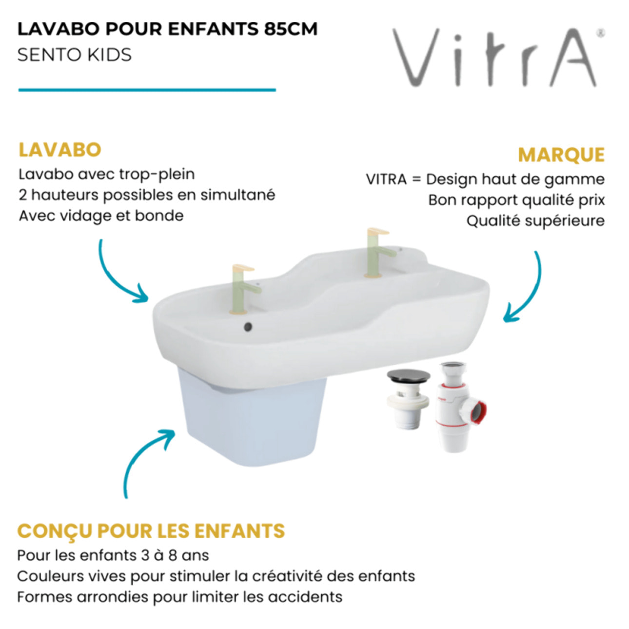 Lavabo pour enfant VITRA Sento Kids 85 cm + siphon et bonde Wirquin