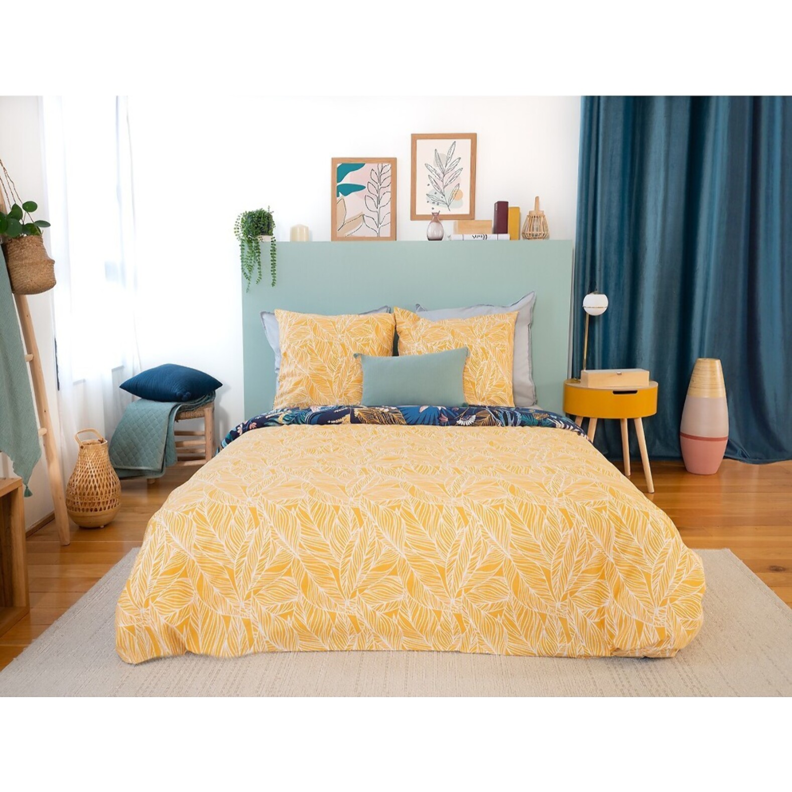 Parure housse de couette coton bleu fonce