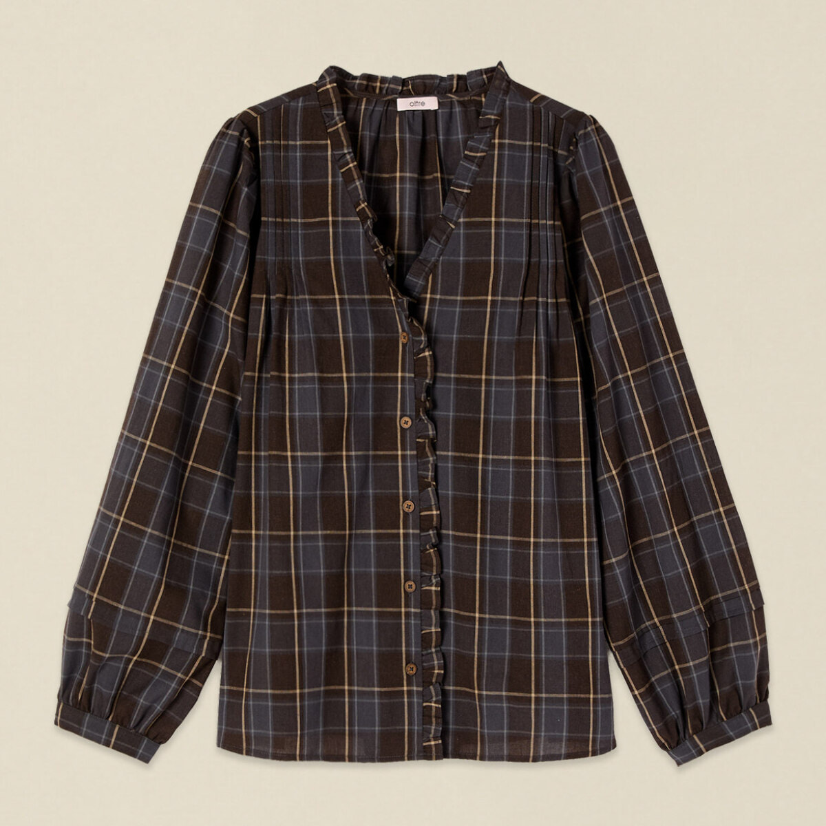 Oltre - Camicia check misto cotone con rouche - Marrone