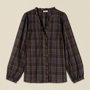 Oltre - Camicia check misto cotone con rouche - Marrone