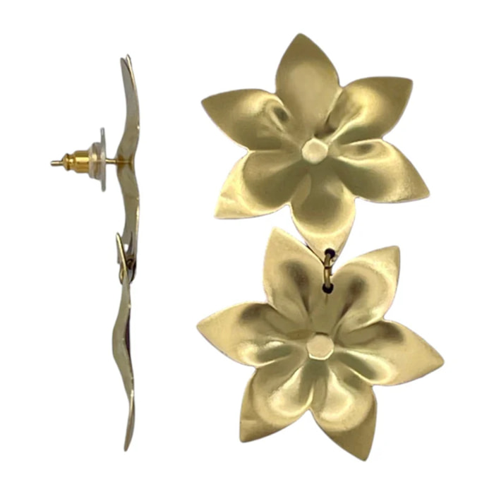 Pendiente doble flor colgante laton dorado