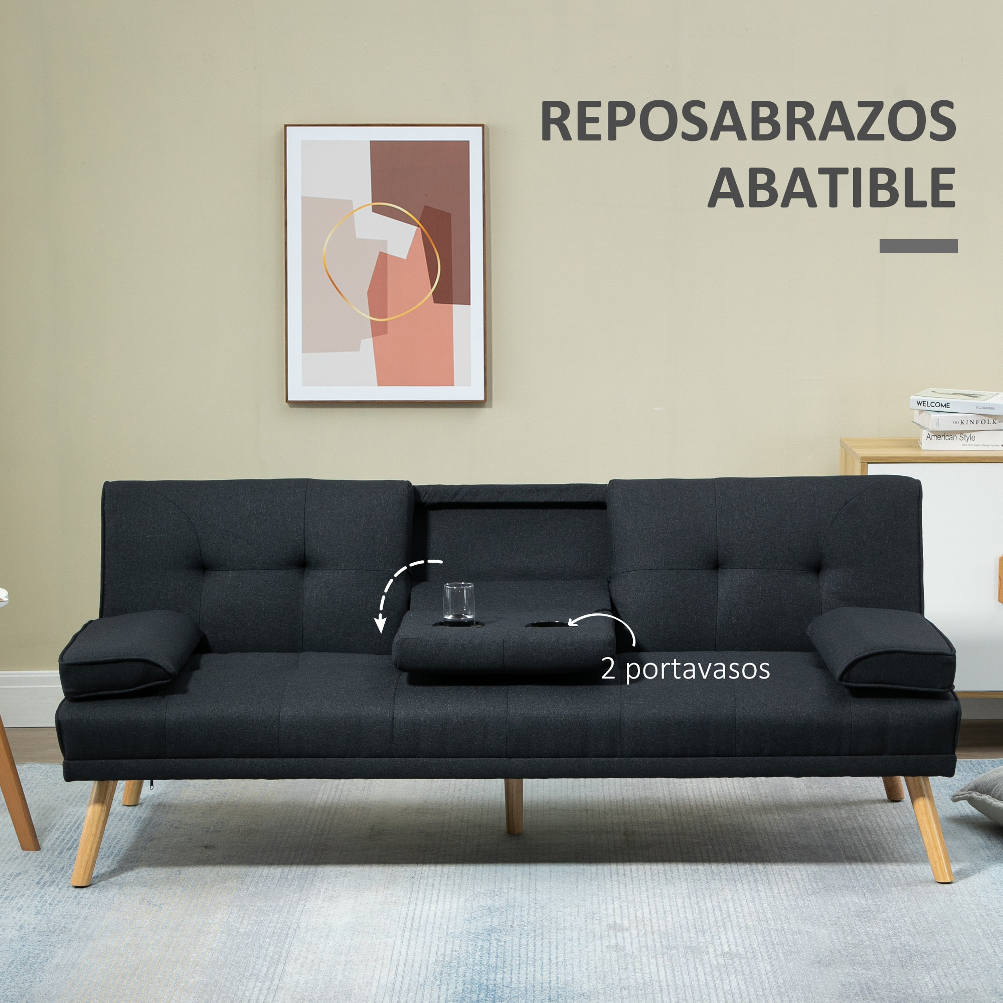 Sofá Cama 3 Plazas Sofá Cama Plegable con Respaldo Ajustable de 3 Niveles Reposabrazos Desmontable y 2 Soportes para Vasos 181x77x78 cm Gris