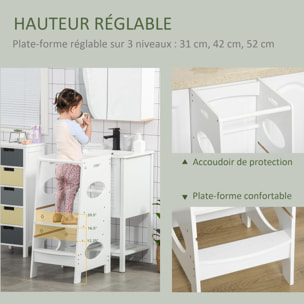 Tour d'apprentissage - tour d'observation pour enfant 3-6 ans - marches antidérapantes, hauteur réglable, barreau, hauts rebords de sécurité - MDF blanc