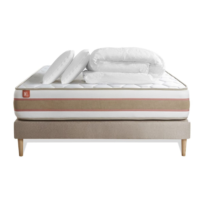 Pack Matelas Le Délicat - 26cm - Ressorts ensachés et mémoire de forme - Technologie hybride, fabrication responsable. - Sommier Tapissier Beige - Avec couette et oreillers