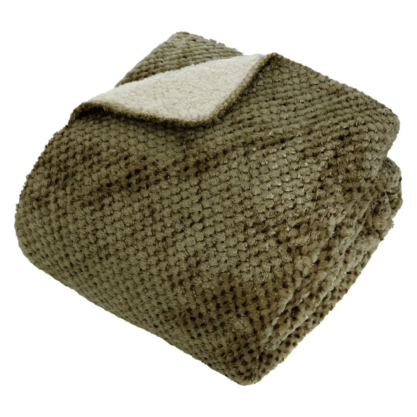 Plaid flanelle effet sherpa Lyno vert Kaki 170x130cm