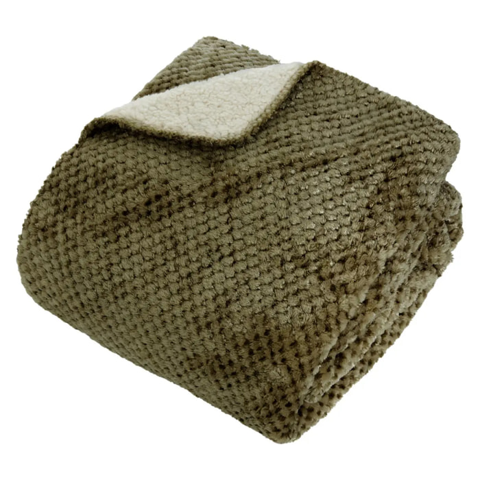 Plaid flanelle effet sherpa Lyno vert Kaki 170x130cm