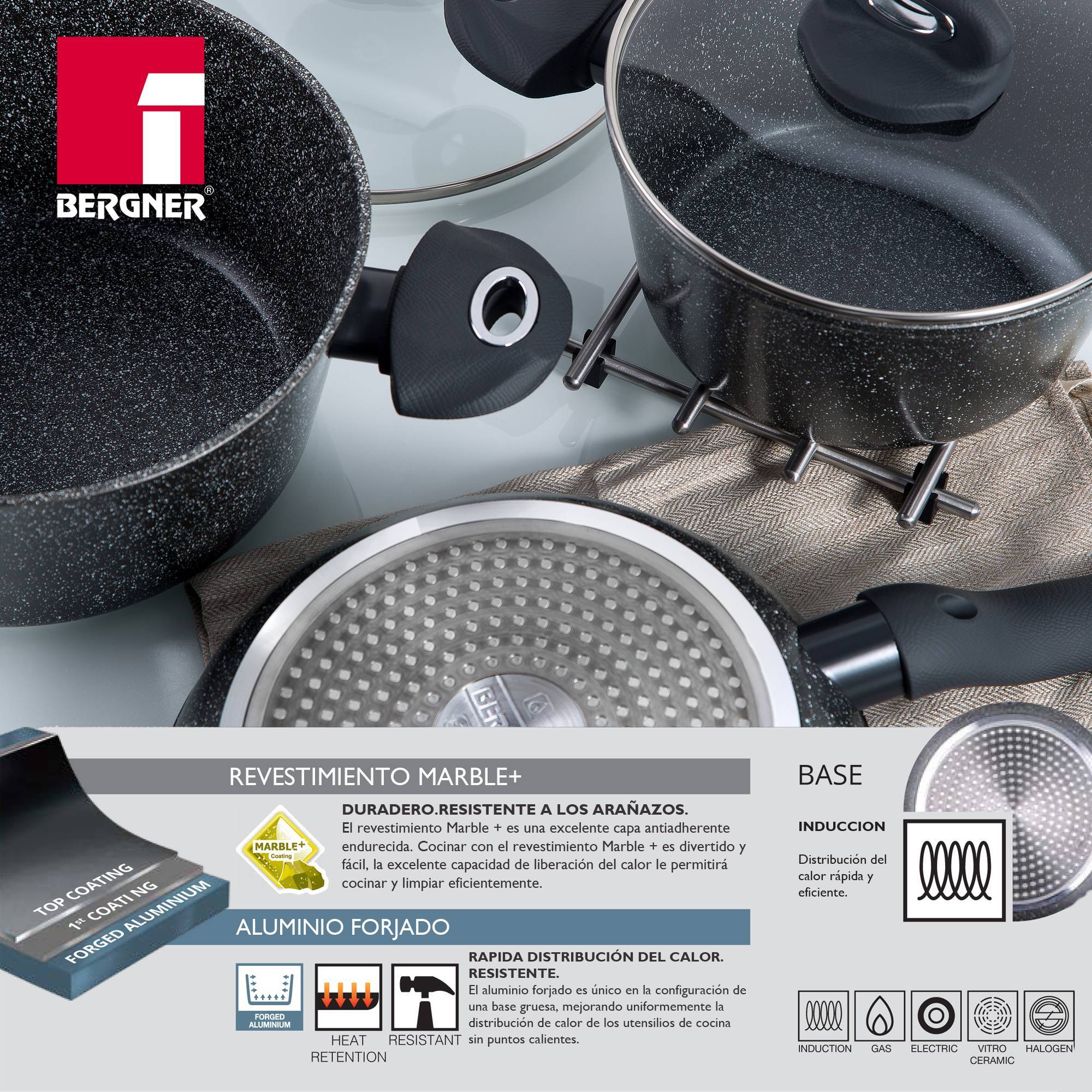 Set 6pc batería de cocina aluminio forjado, Bergner, Orion