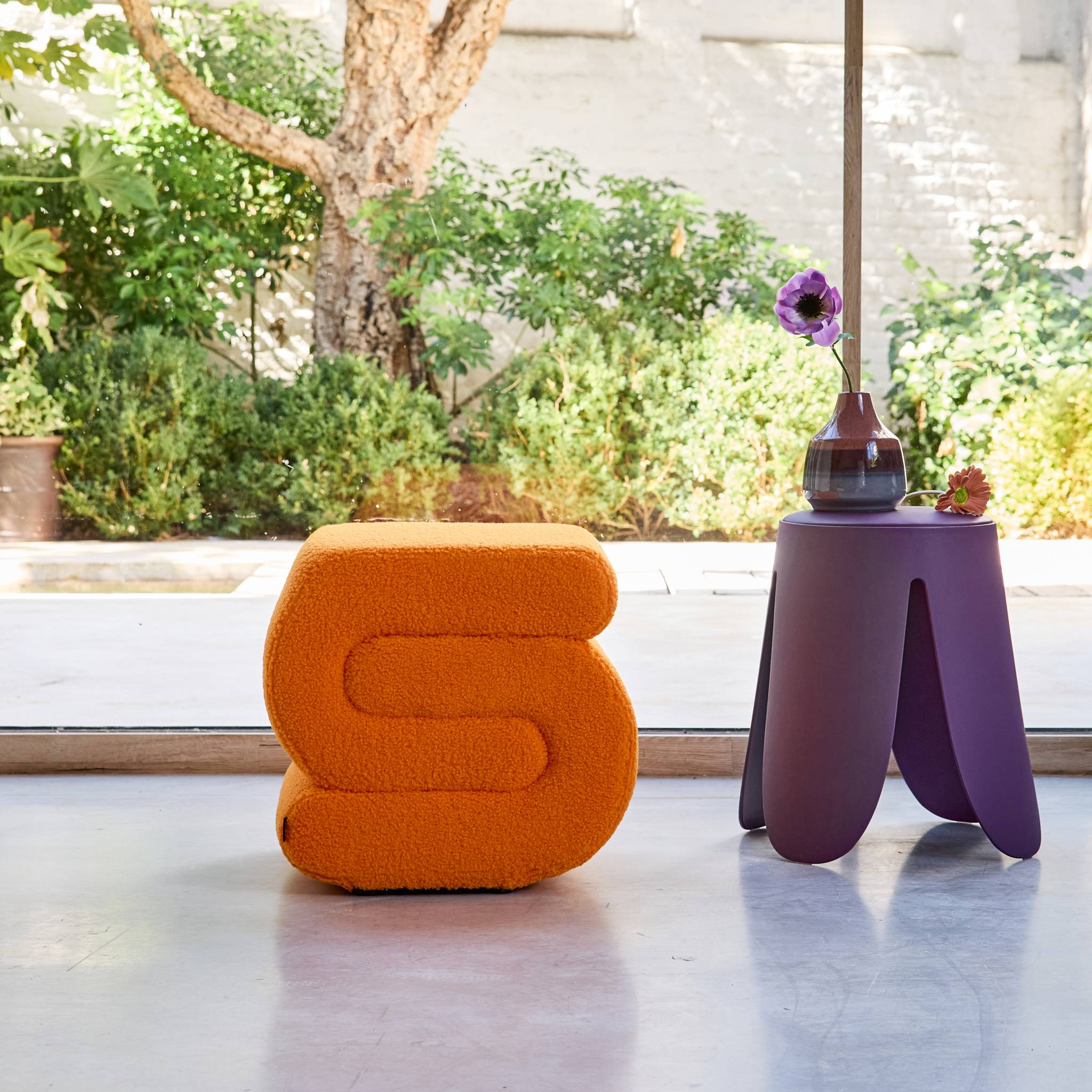 Tabouret / pouf design revêtement bouclette orange 1 place L 43 x P 47 x H 44cm - Sasha