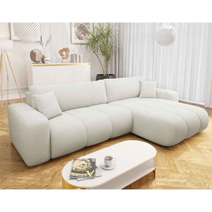 Nicole - Canapé d'angle réversible 5 places convertible avec coffre en tissu - Beige
