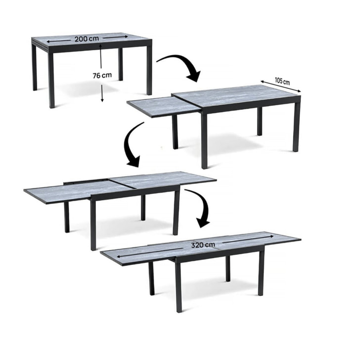 Table extensible et chaises de jardin en aluminium "Lagos" - 200/320 x 105 x 76 cm - 10 chaises - Noir