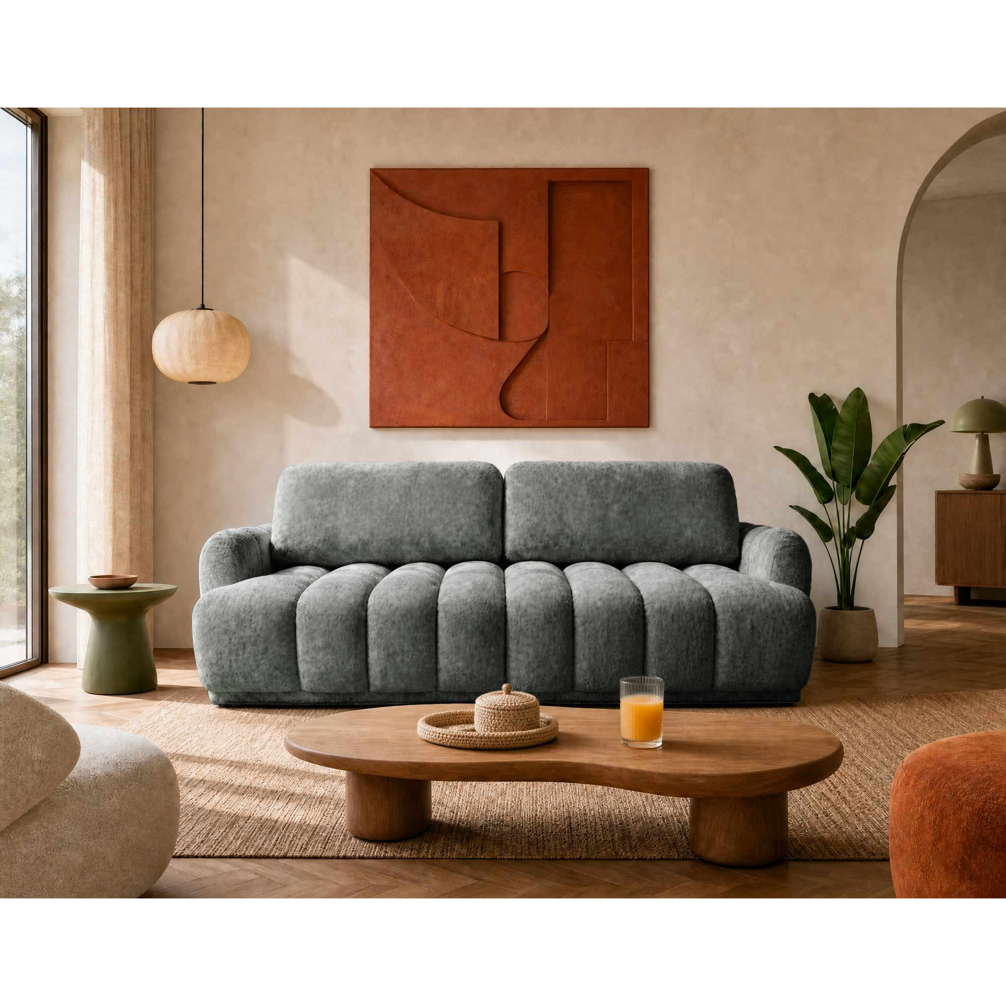 Silvia - Canapé droit 3 places convertible avec coffre - en tissu bouclette - Gris