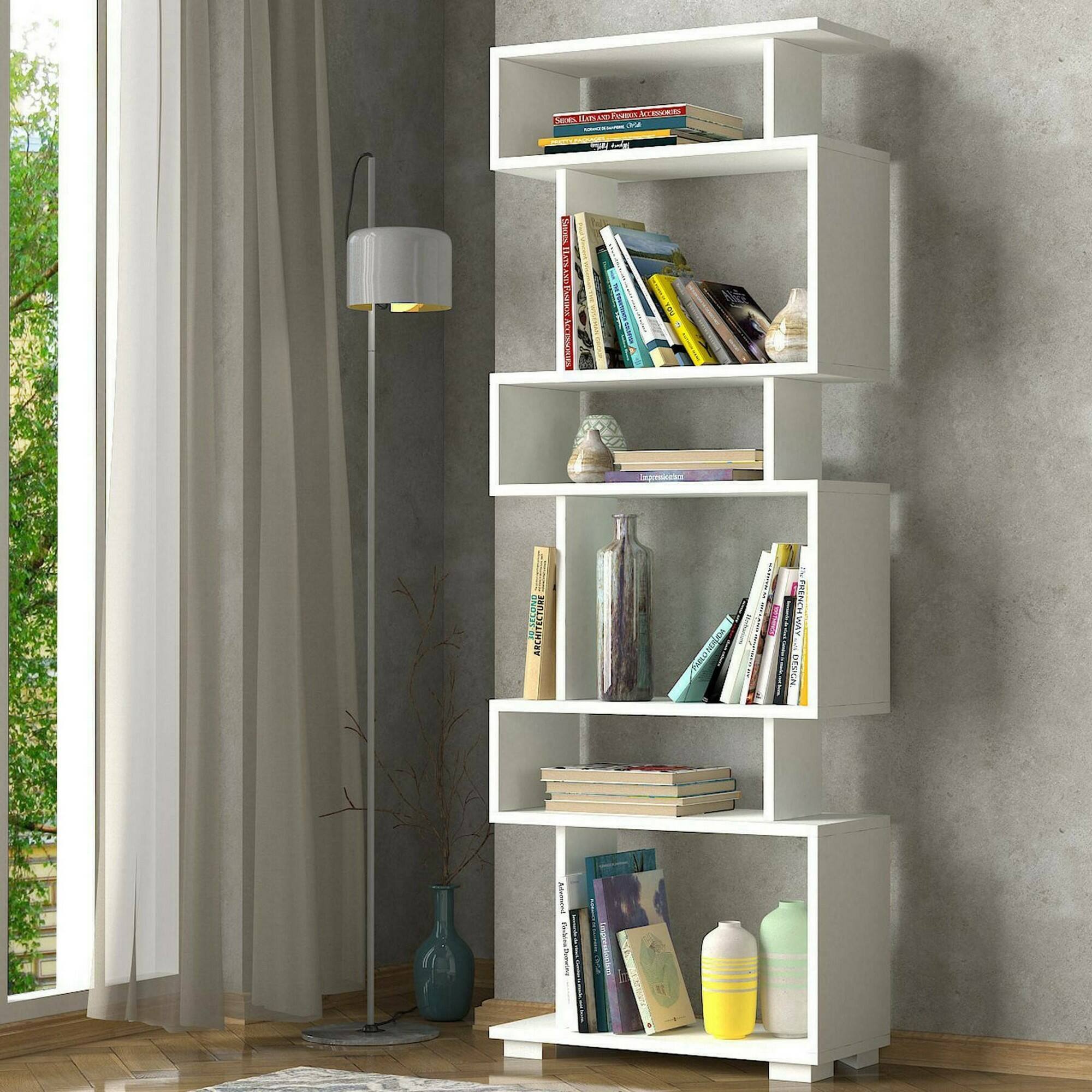 Libreria Dpeeter, Scaffale da ufficio, Mobile portalibri, Biblioteca, 60x20h165 cm, Bianco