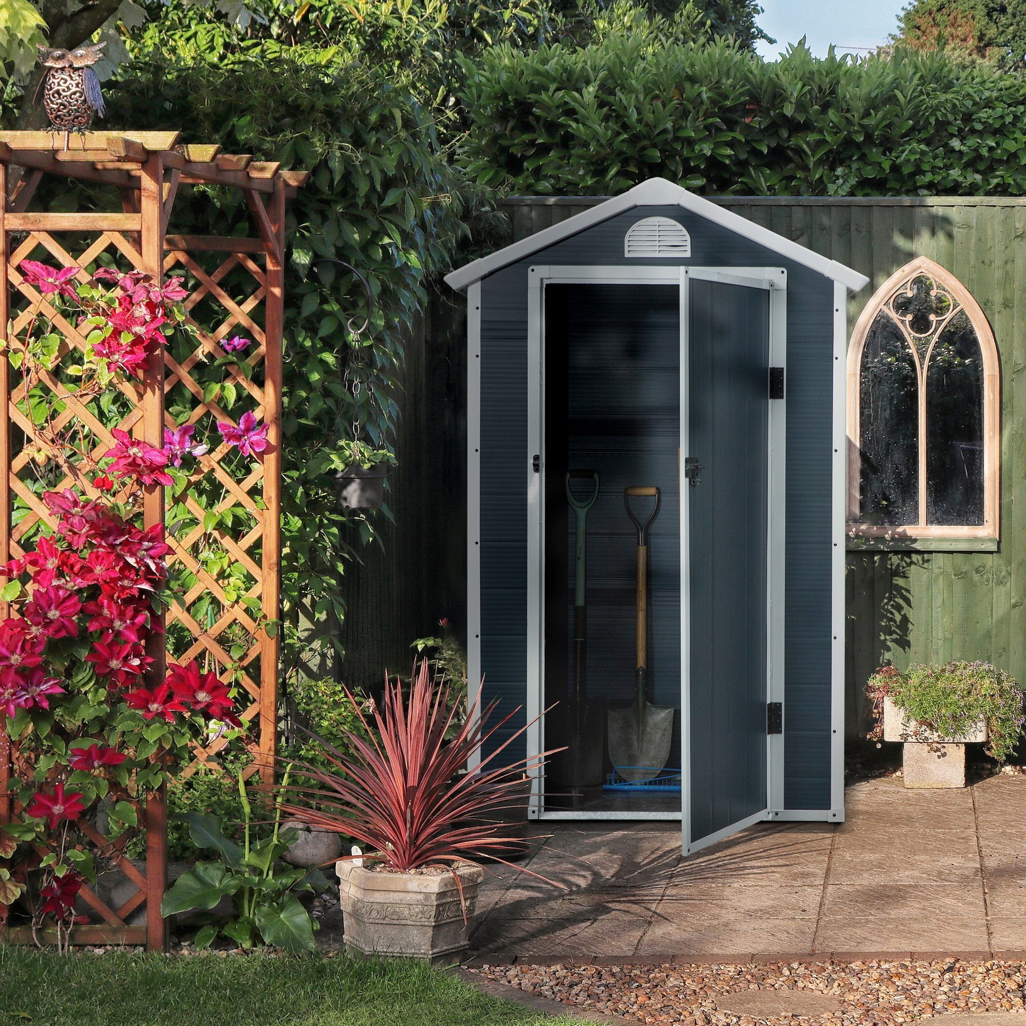 Abri de jardin - cabanon porte verrouillable, fenêtre - dim. 1,34L x 1,04l x 2,04H m - résine PP ondulée anthracite