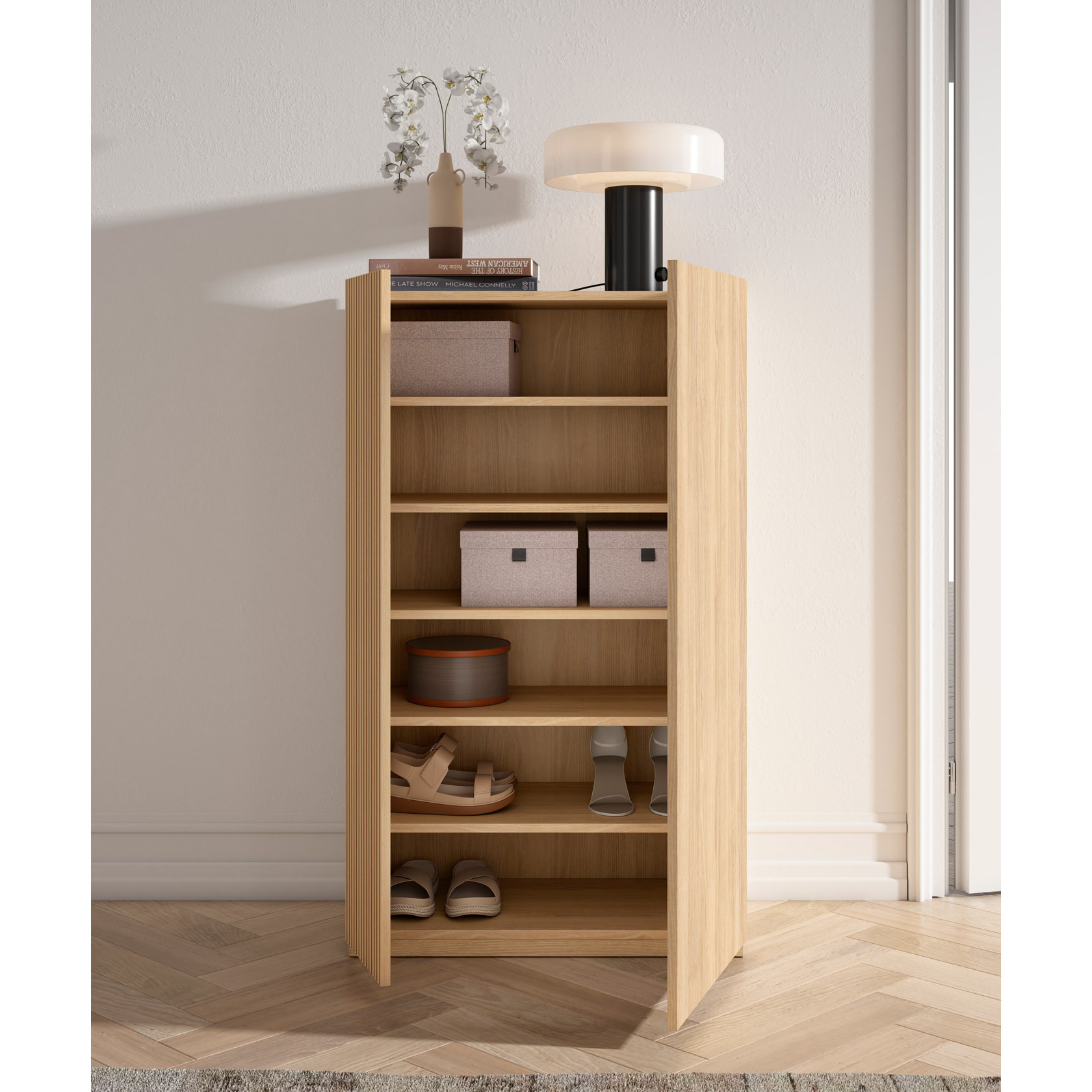 Zapatero Akra melamina roble dorado puerta impresión vallado 122x70x35cm