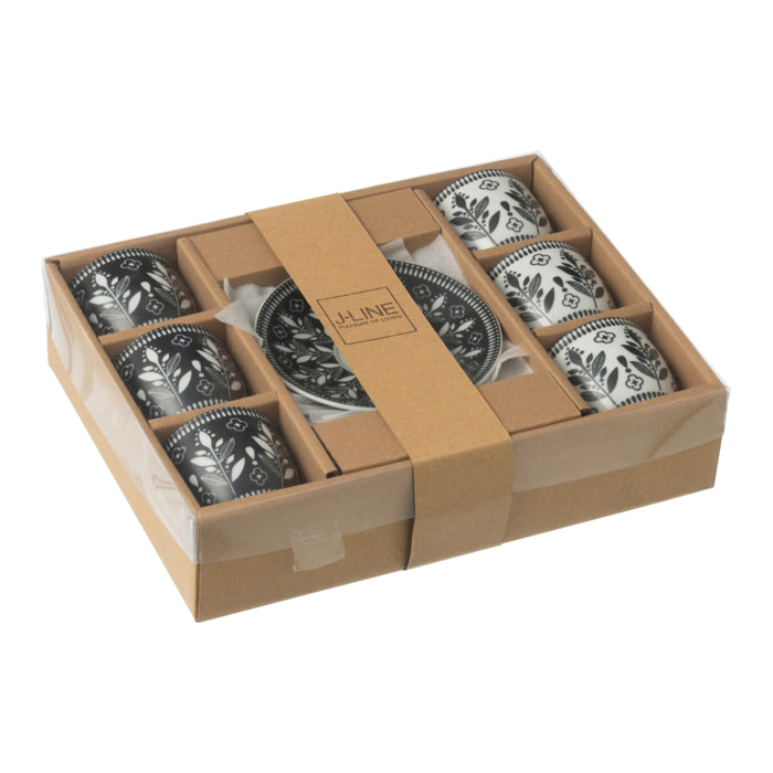 J-Line tasse + sous-Tasse Feuilles - céamique - noir/blanc - boîte de 6