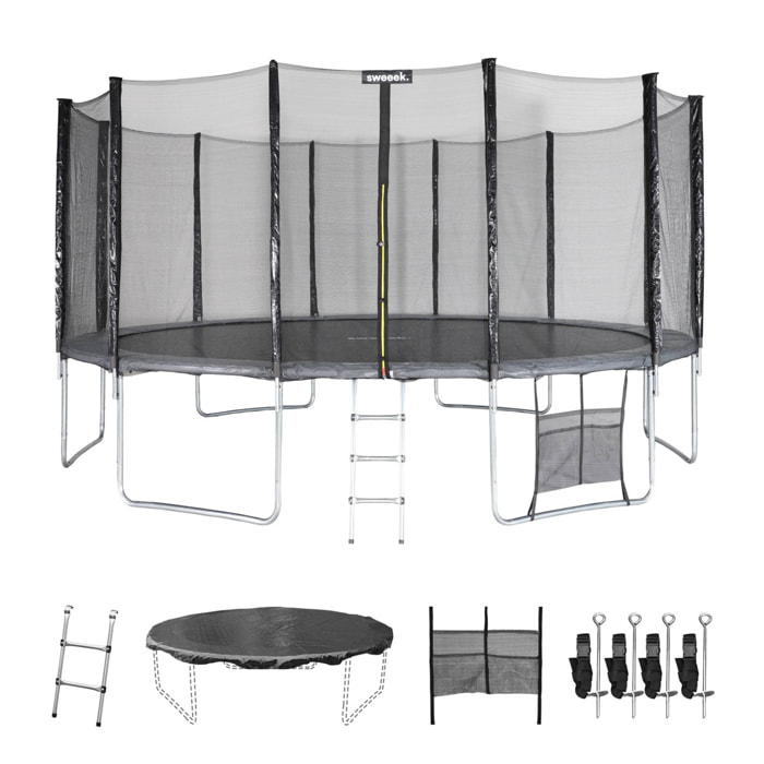 Trampoline 490cm gris avec filet de protection. échelle. bâche. filet pour chaussures. kit d'ancrage