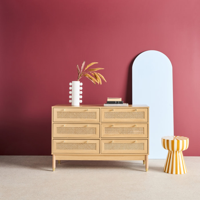 Commode décor bois et cannage 6 tiroirs JUDITH