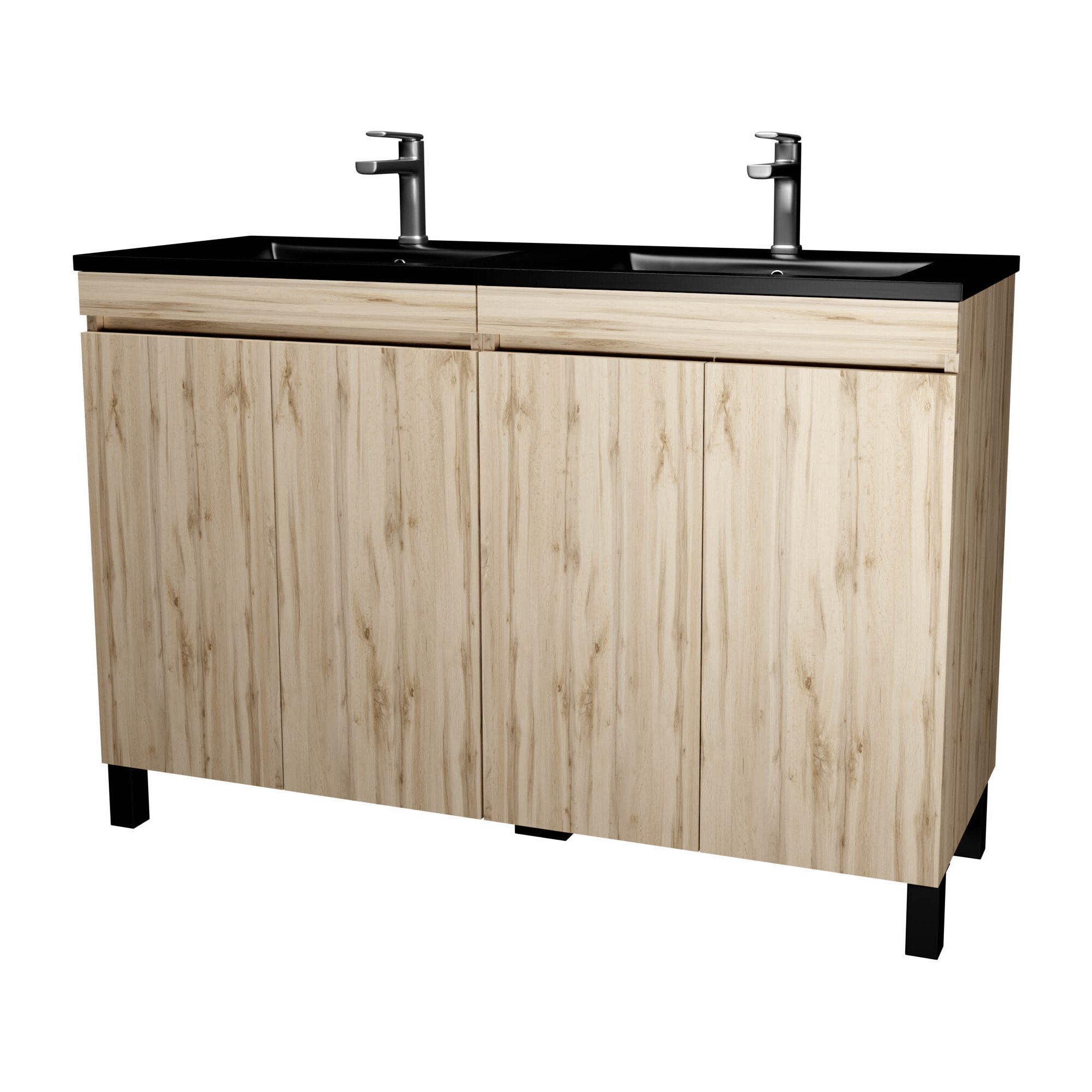 Meuble de salle de bains 120 cm 4 Portes Chêne Naturel + Vasque Double Céramique Noire - TIMBER