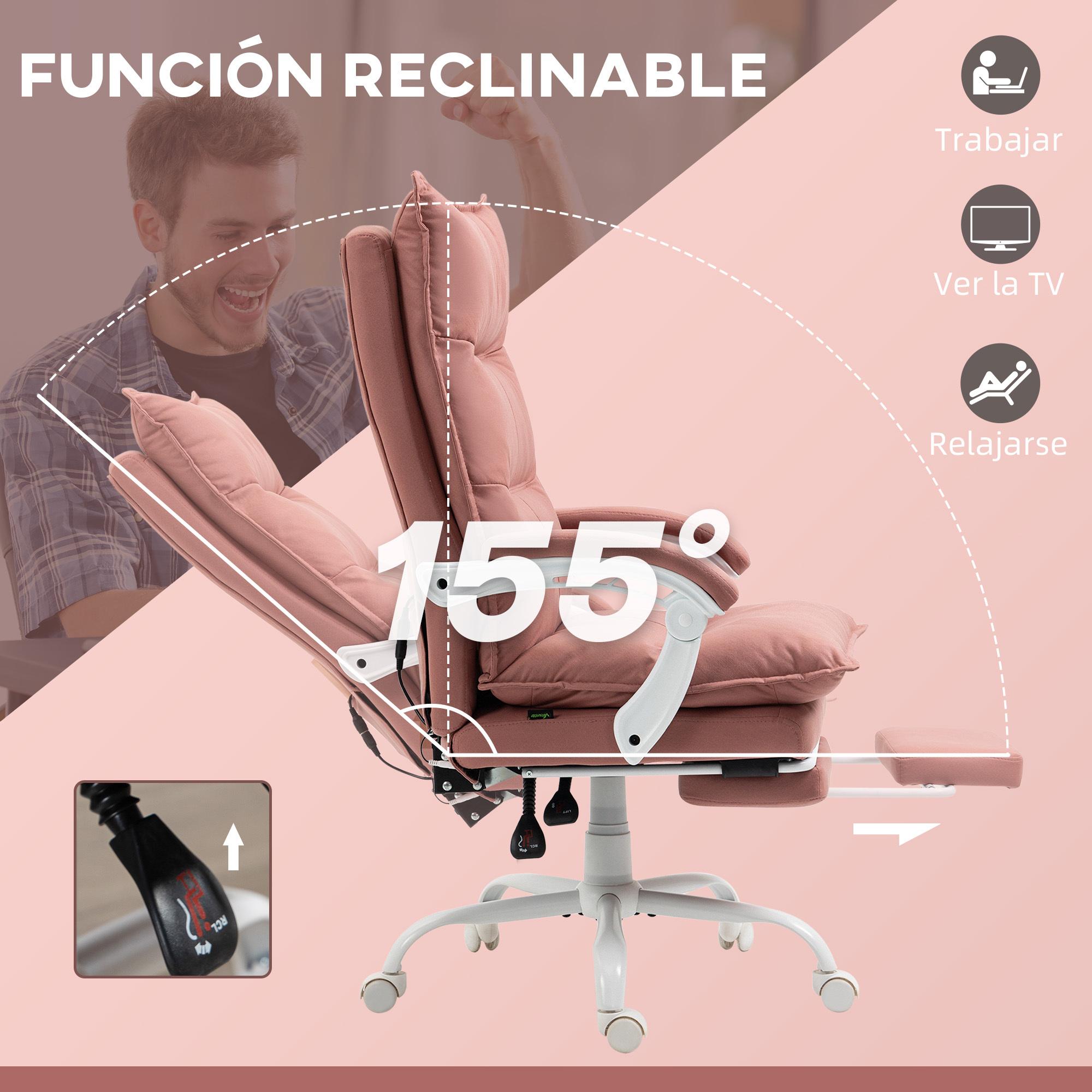 Silla de Masaje con 6 Puntos de Masaje y 5 Modos Silla de Escritorio Reclinable con Función de Calefacción Altura Ajustable Reposapiés y Ruedas para Estudio 66x74x114-121,5 cm Rosa