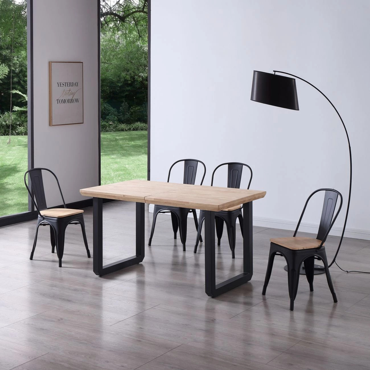 Mesa de comedor extensible con patas metálicas en negro y roble 140-220x80cm Roma Negro - Roble