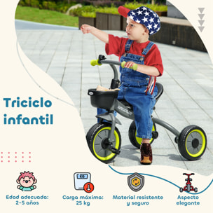 Triciclo para Niños de 2 a 5 Años Bicicleta Infantil con Asiento Ajustable Cesta Timbre Pedales y 3 Ruedas Carga 25 kg 70,5x53x58 cm Gris y Verde