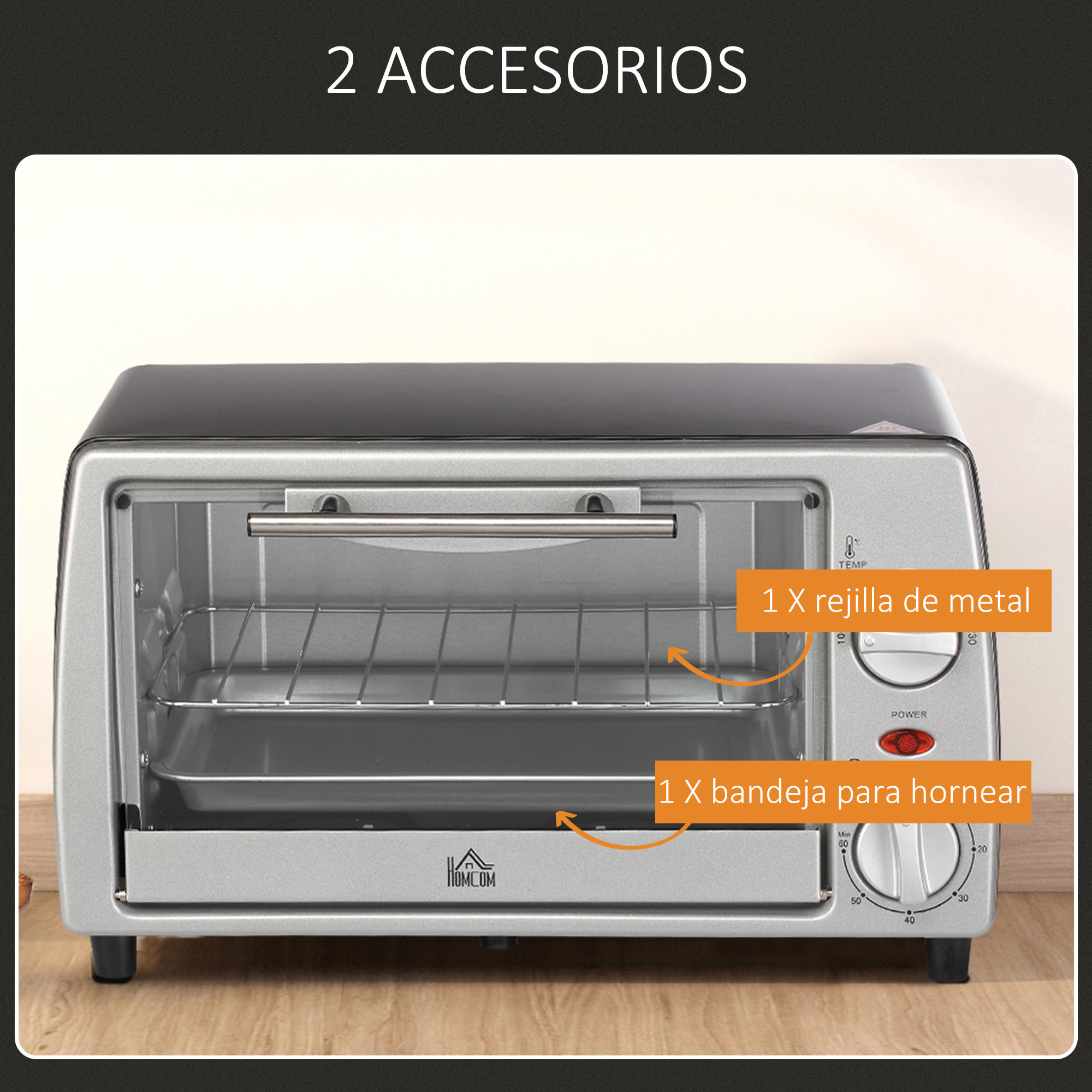 Horno Eléctrico Sobremesa 10 Litros 750W Horno Eléctrico Pequeño con Temperatura hasta 230 ℃ Temporizador 60 Minutos Bandeja y Rejilla 36,5x26x22 cm Plata