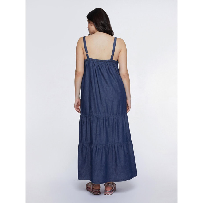 Fiorella Rubino - Vestido largo con volantes en denim ligero - Azul