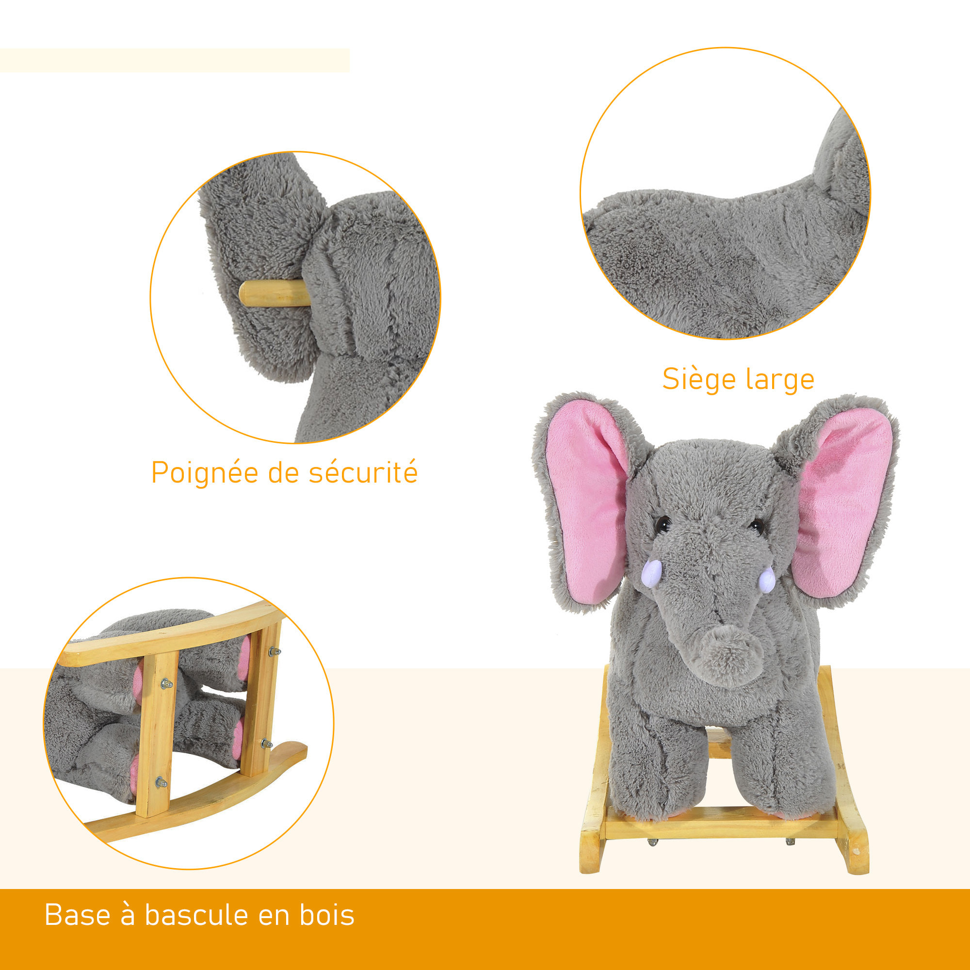 Jouet à bascule éléphant pour enfant +18 mois effet sonore poignées gris