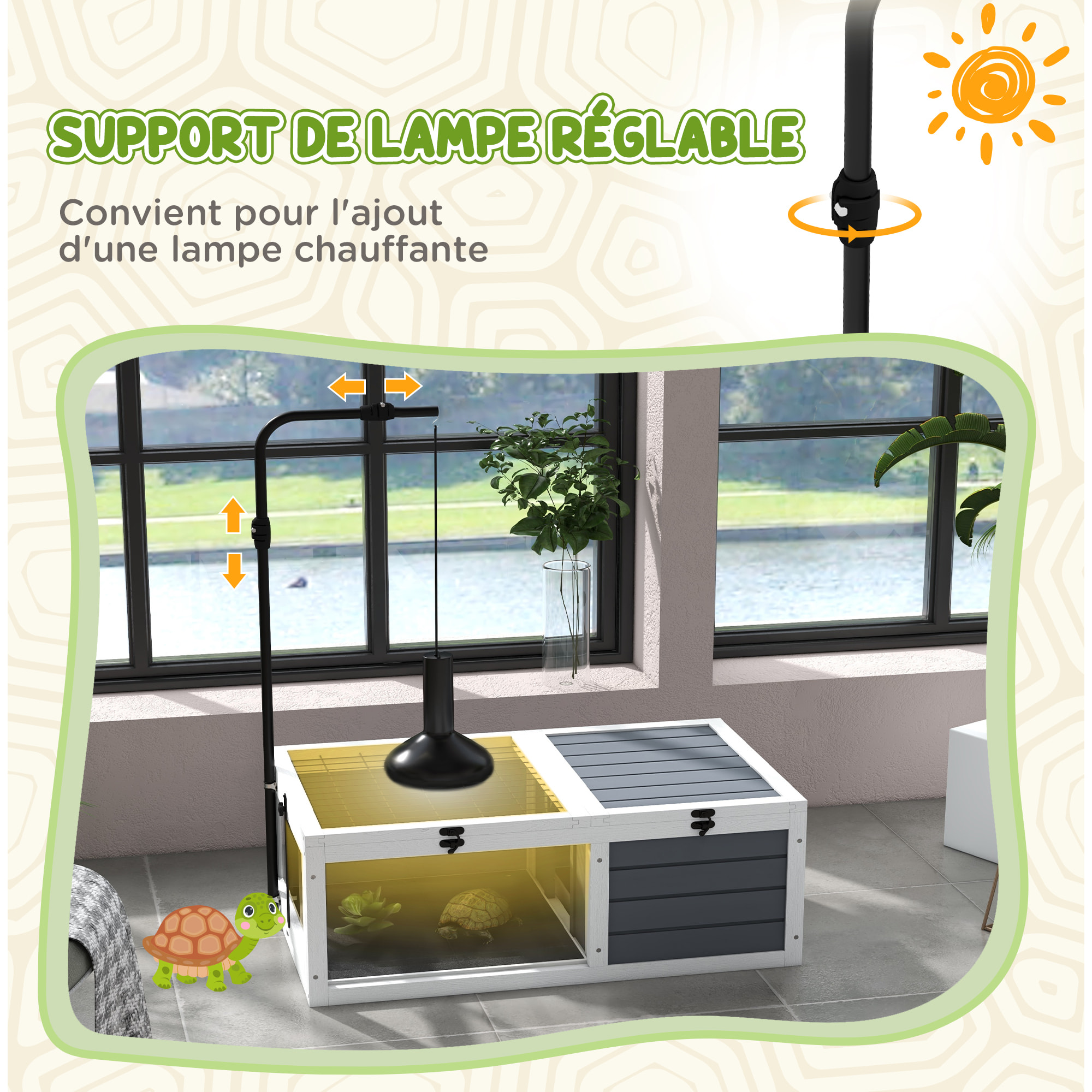 Maison enclos cage pour tortue petit animal avec 2 espaces support lampe réglable bois gris blanc