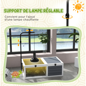 Maison enclos cage pour tortue petit animal avec 2 espaces support lampe réglable bois gris blanc