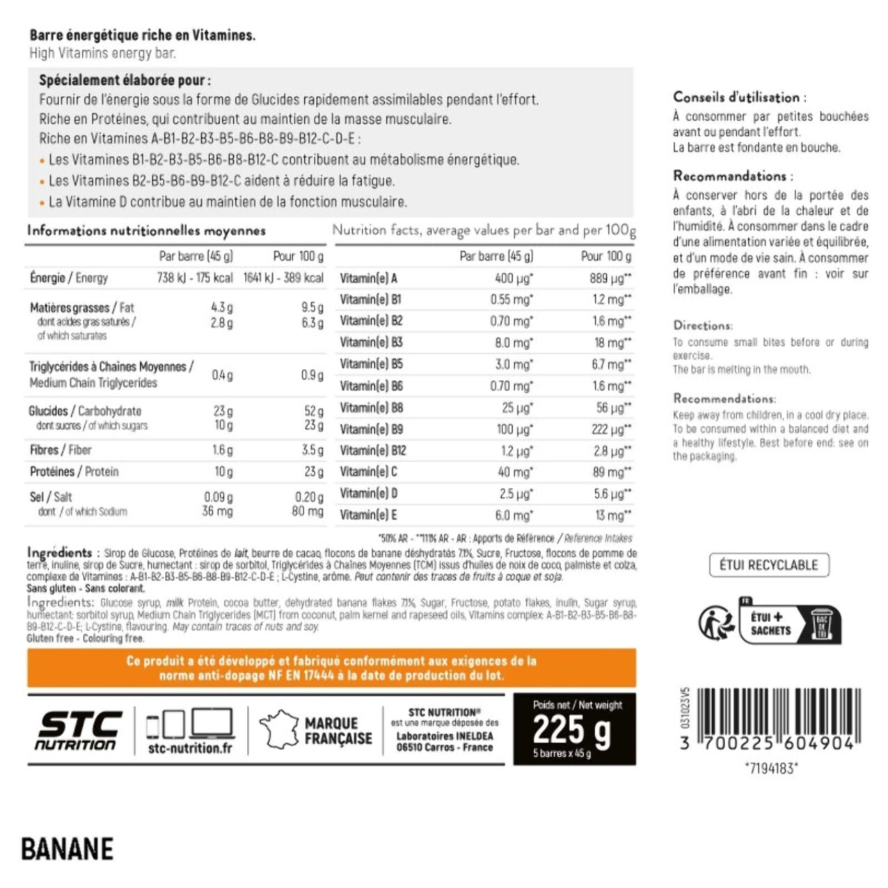 STC NUTRITION - VO2 Max Bar - Barre énergétique - Spéciale efforts longue durée - Glucides + Protéines (Whey) + Vitamines - Goût Banane, Chocolat ou Fruits Rouges - 5 barres