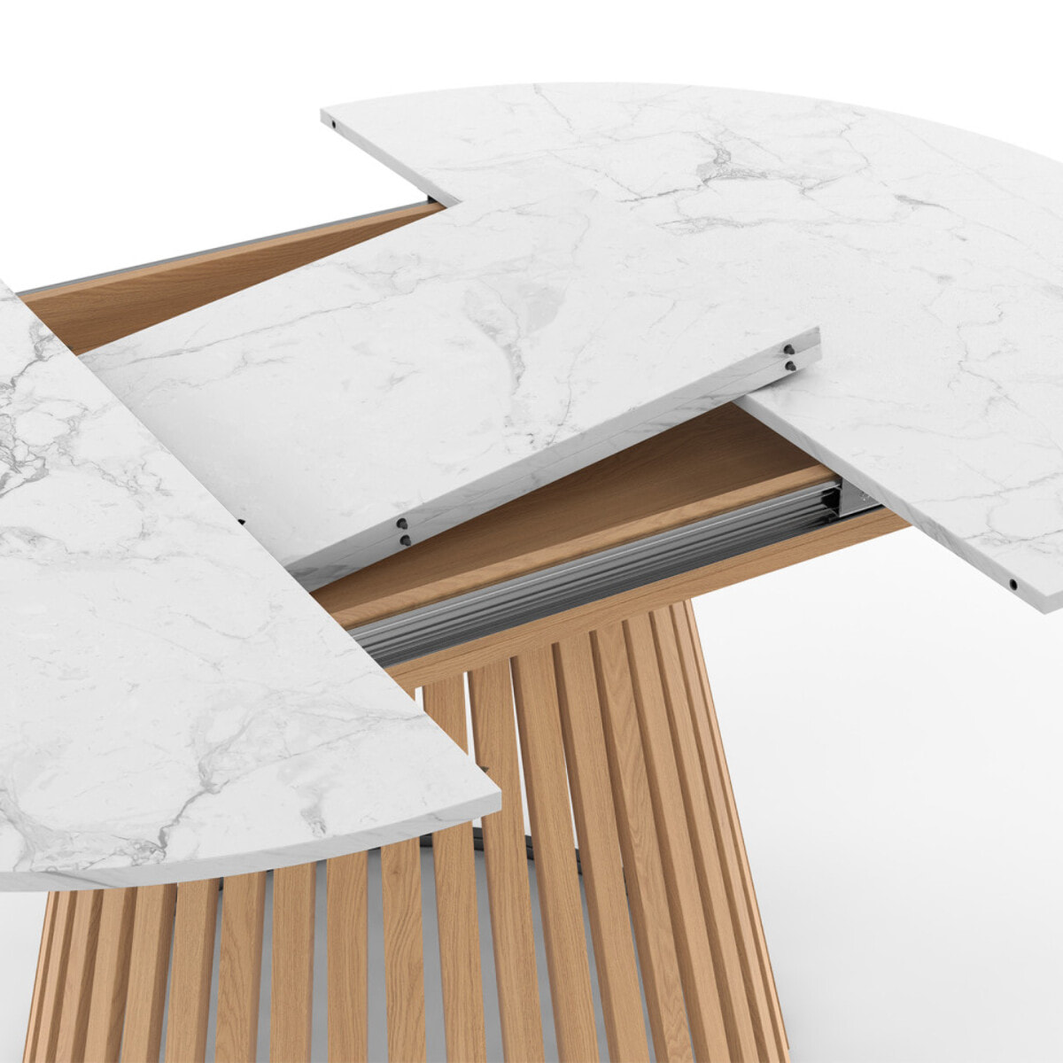 Table à manger ronde extensible Camélia effet marbre blanc et pied lattes Ø110-150cm