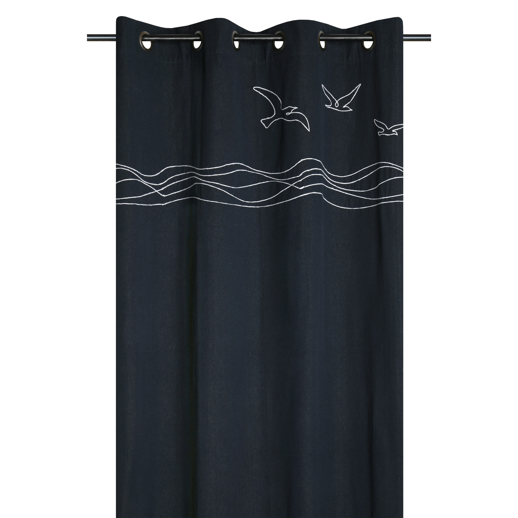 Rideau tamisant polycoton à œillets motif bord de mer - Bleu Marine