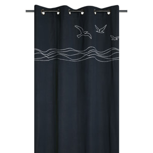 Rideau tamisant polycoton à œillets motif bord de mer - Bleu Marine
