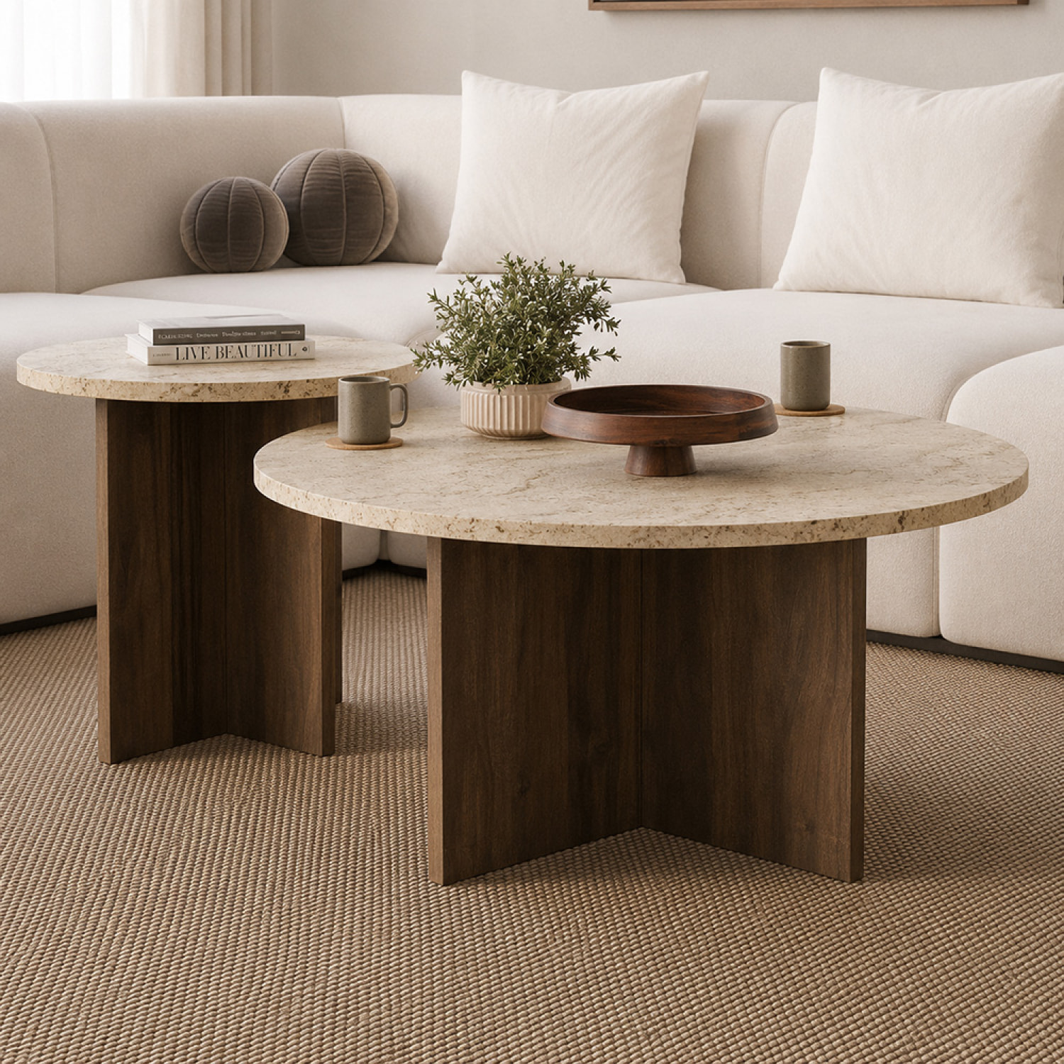 Ensemble de 2 tables basses rondes effet travertin et noyer BLISS