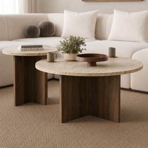 Ensemble de 2 tables basses rondes effet travertin et noyer BLISS