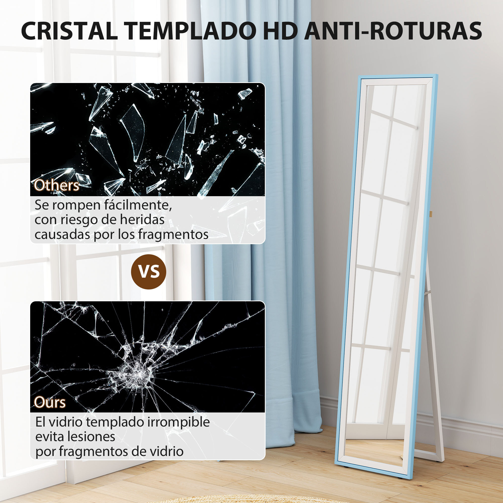Espejo de Pie Cuerpo Entero 157x37 cm, Espejo Grande de Pared con Marco Bicolor, de Pie, Inclinado o Colgante, para Salón, Dormitorio, Pasillo, Entrada, Blanco y Azul
