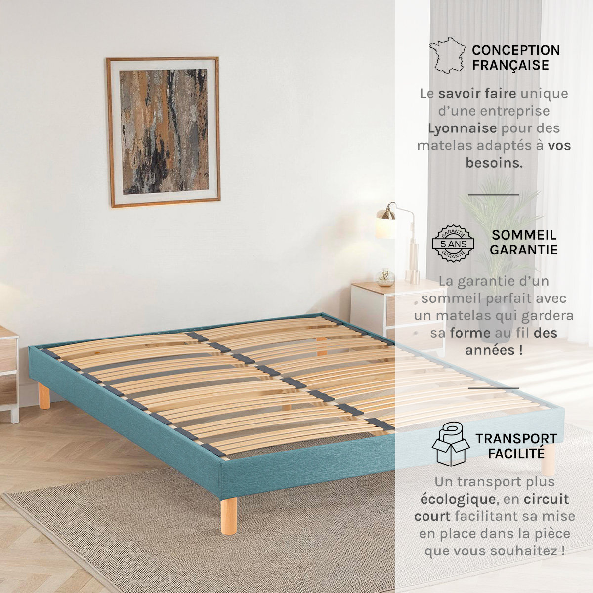 Sommier Lumière Technologie Tri-Lattes, tissu vert d’eau, Bois Épicéa, H30 cm, Lattes Actives, Aération Optimale