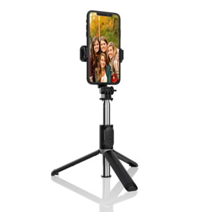 Palo selfie stick con trípode extensible y disparador remoto Bluetooth.