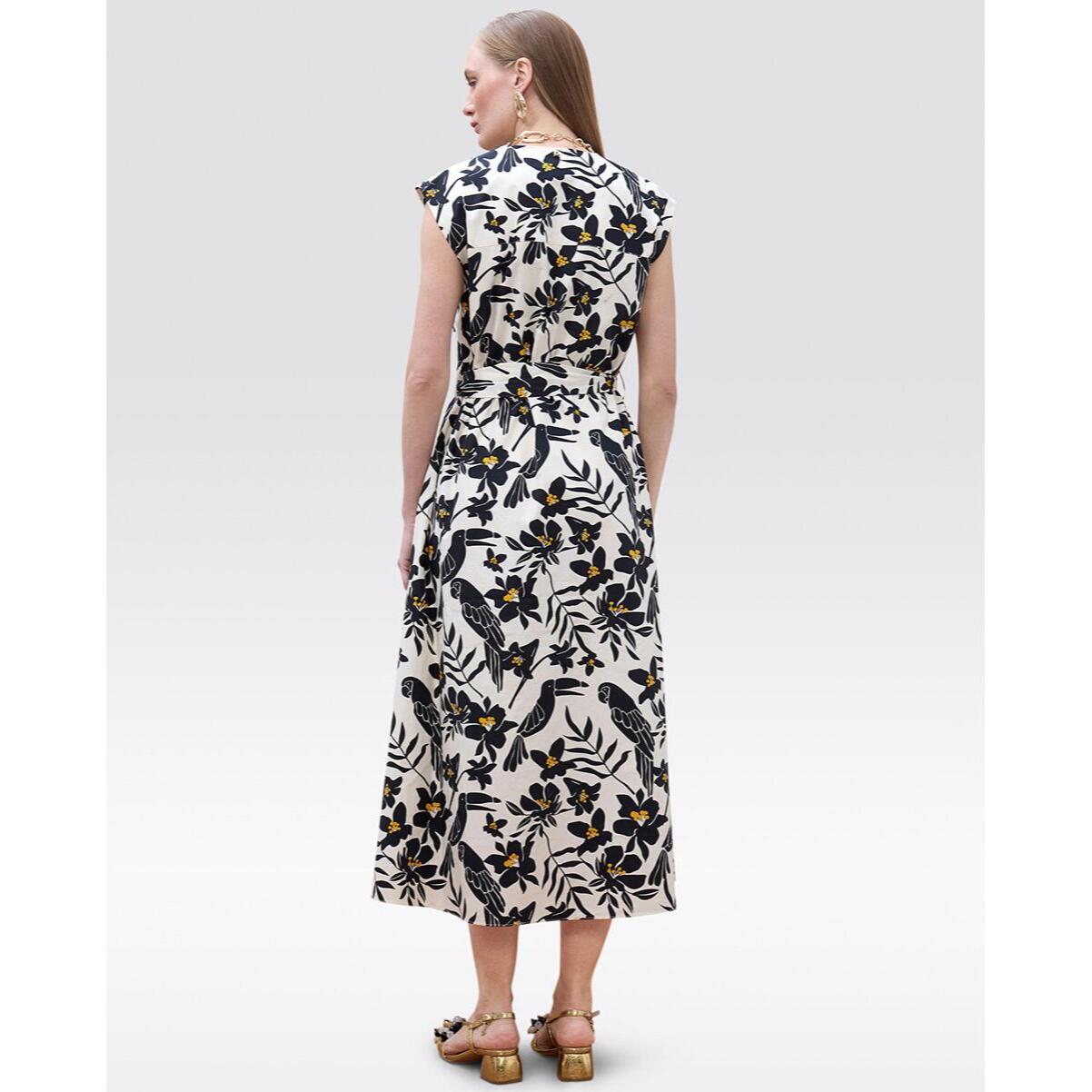 Abito in popeline con stampa a foglie di pappagallo