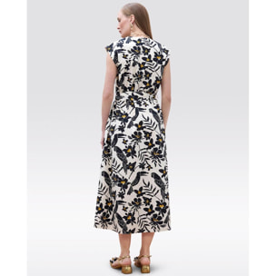 Abito in popeline con stampa a foglie di pappagallo