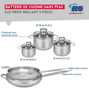 Ensemble de 2 Poêles de cuisson 28 et 32 cm et 3 faitouts 12, 14 et 16 cm Elo Profi Brillant