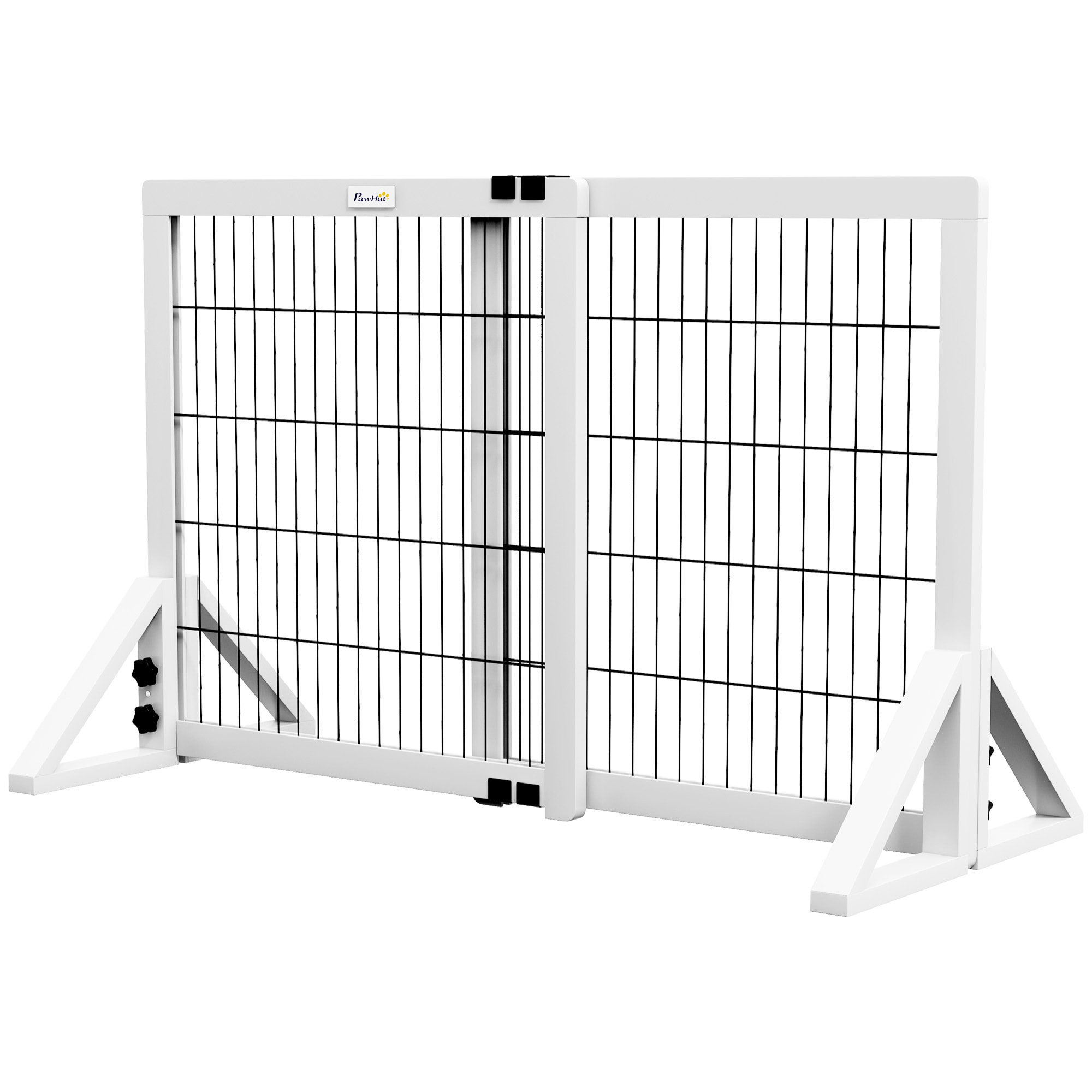 Barrière de sécurité pour chien, barrière de protection à 2 panneaux largeur réglable 63-106L x 44l x 67H cm, barrière pour escalier, porte, couloirs, en bois de pin et acier, blanc