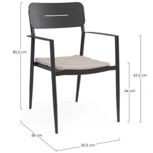 Set di 4 sedie NEBULA in alluminio antracite con cuscino tortora impermeabile, con braccioli