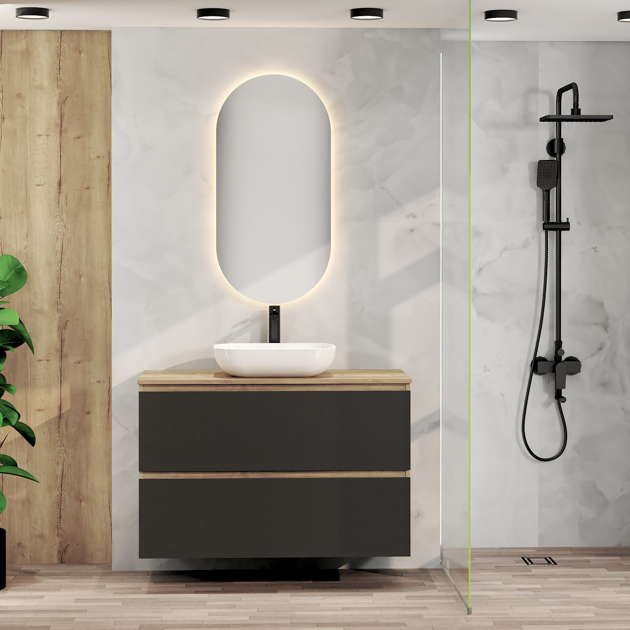 Conjunto de Baño Nia | Mueble Suspendido | 100 cm Negro | Dos Cajones | Lavabo Sobrepuesto | No incluye Espejo | Mueble Montado| Alday