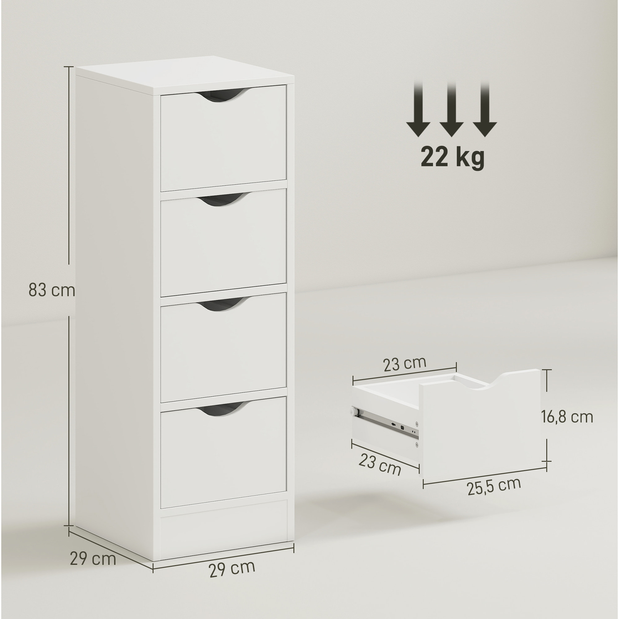 Armario de Baño Estrecho, Mueble Auxiliar de Baño con 4 Cajones y Asas Ranuradas, para Espacios Reducidos, 29x29x83 cm, Blanco