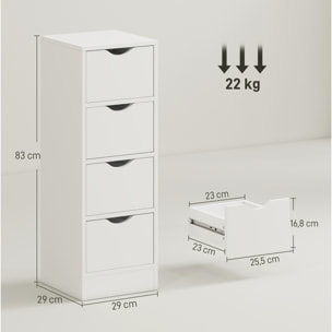 Armario de Baño Estrecho, Mueble Auxiliar de Baño con 4 Cajones y Asas Ranuradas, para Espacios Reducidos, 29x29x83 cm, Blanco