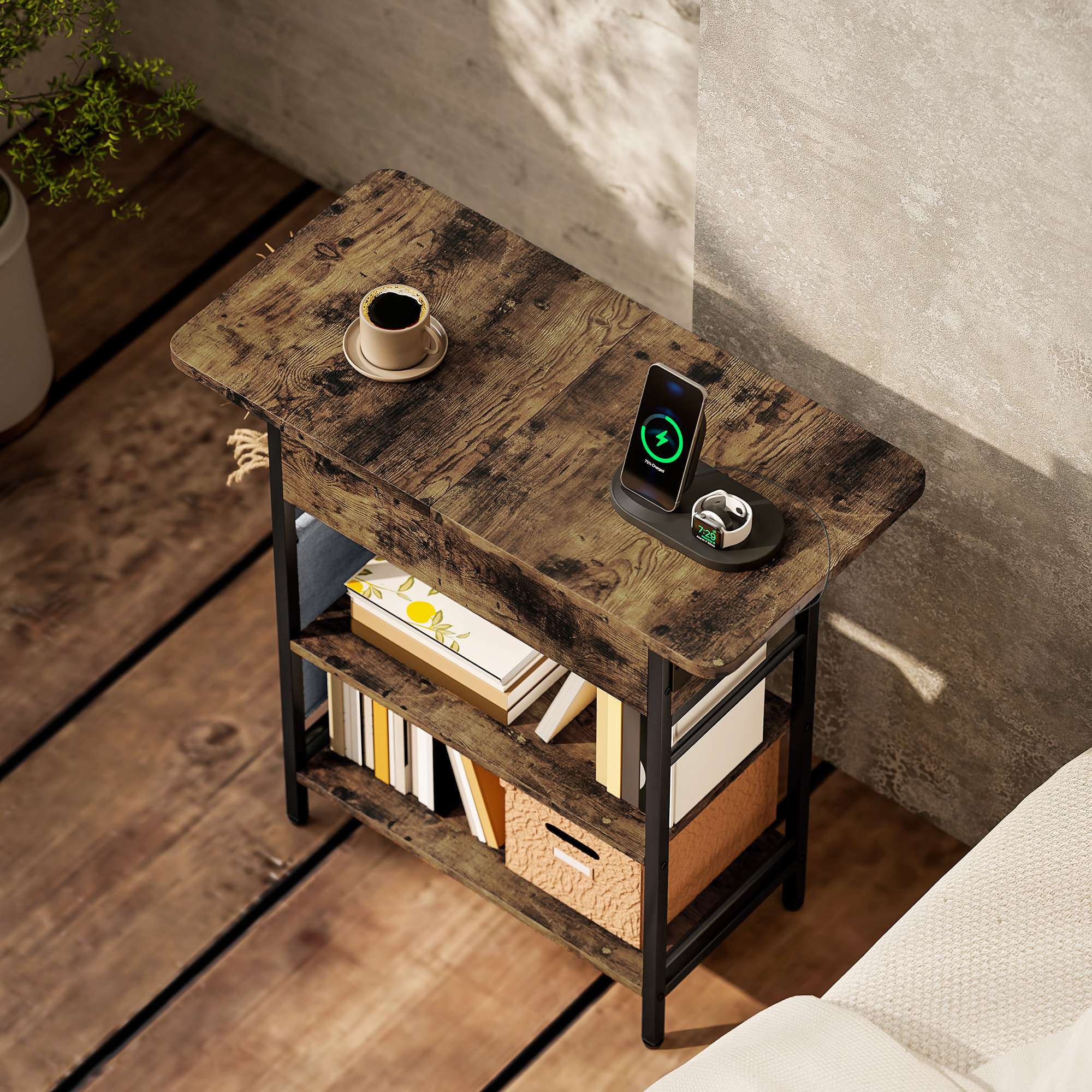 Console style industriel avec station de charge prises secteur et USB dim. 60 x 30 x 58,5 cm métal noir effet bois vieilli