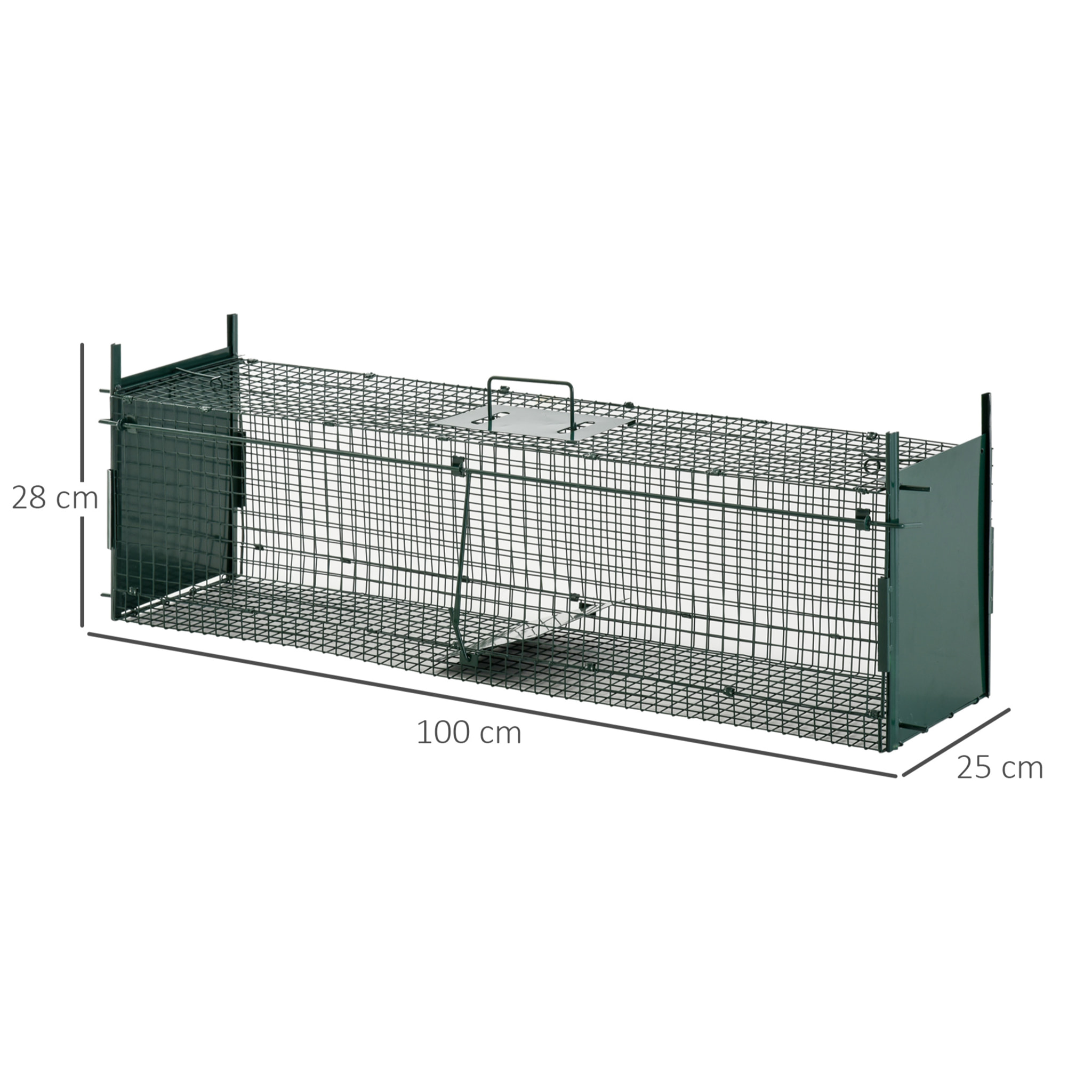 Piège de capture pour petits animaux type lapin rat - 2 entrées + poignée - dim. 100L x 25l x 28H cm - métal vert